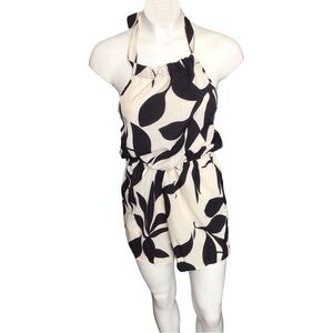 Black and White Leaf Print Halter Jumpsuit